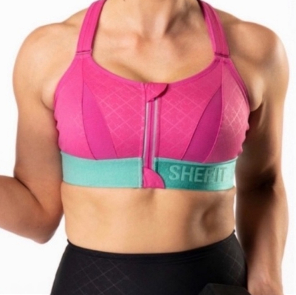 SHEFIT Pink and Teal Zip-Front High-Support Sports Bra - Picture 4 of 5